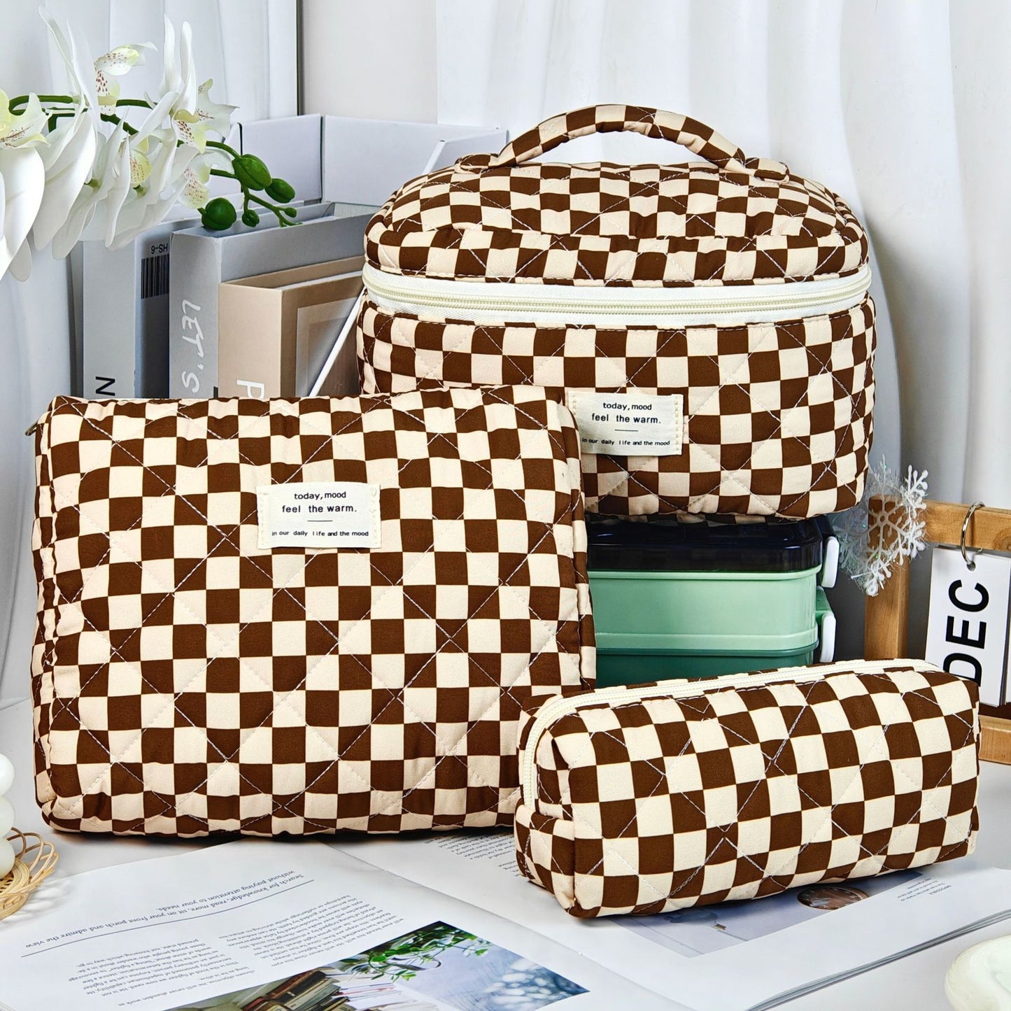 Checkered Quilted 3-Piece Bag Set - 7 Colors - "Today Mood, Feel The Warm" | 2-4 Week TAT