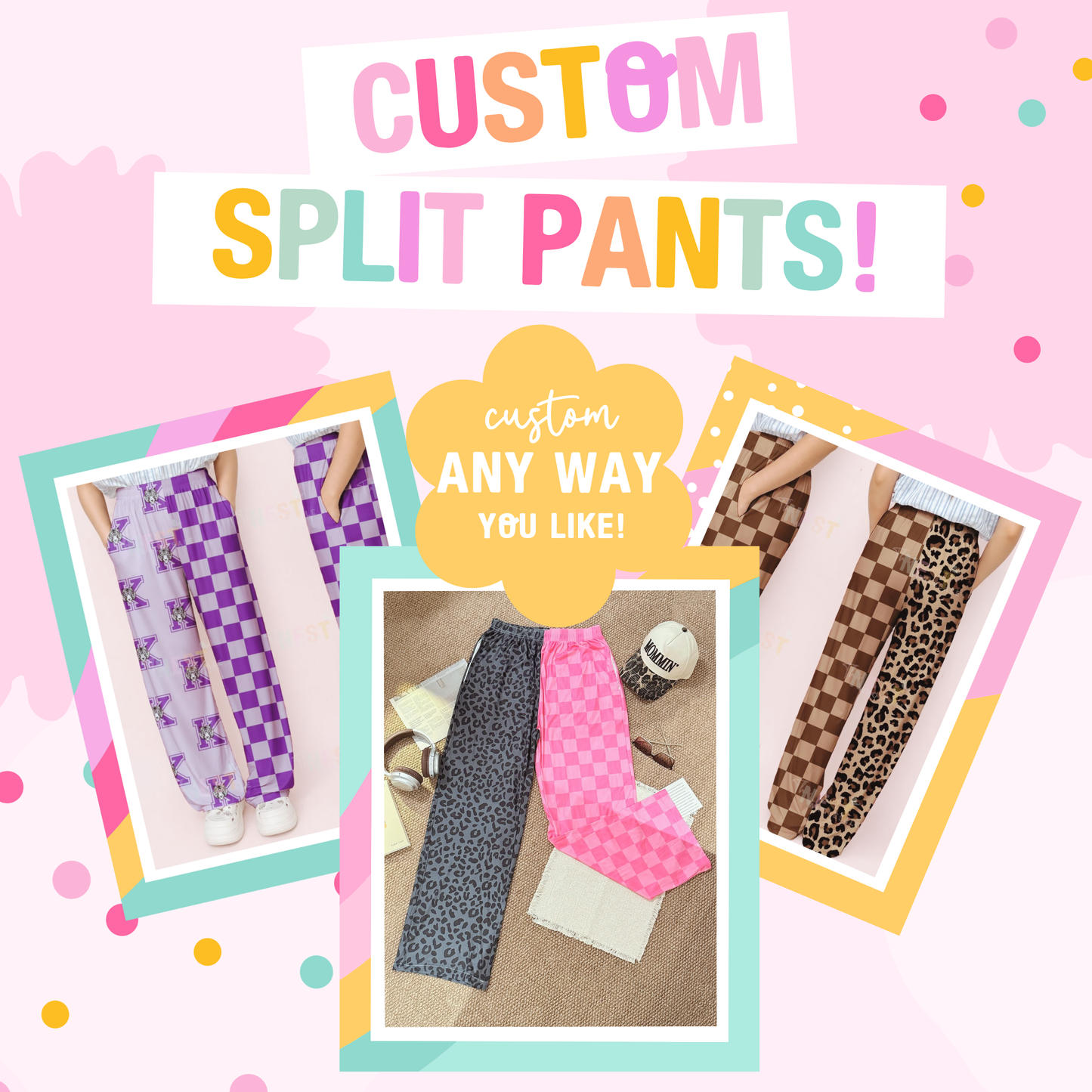 🎀 CUSTOM SPIRIT SPLIT PANTS 🎀 + SIZES 12/24m to Adult 3XL | 3-4 WEEK TAT