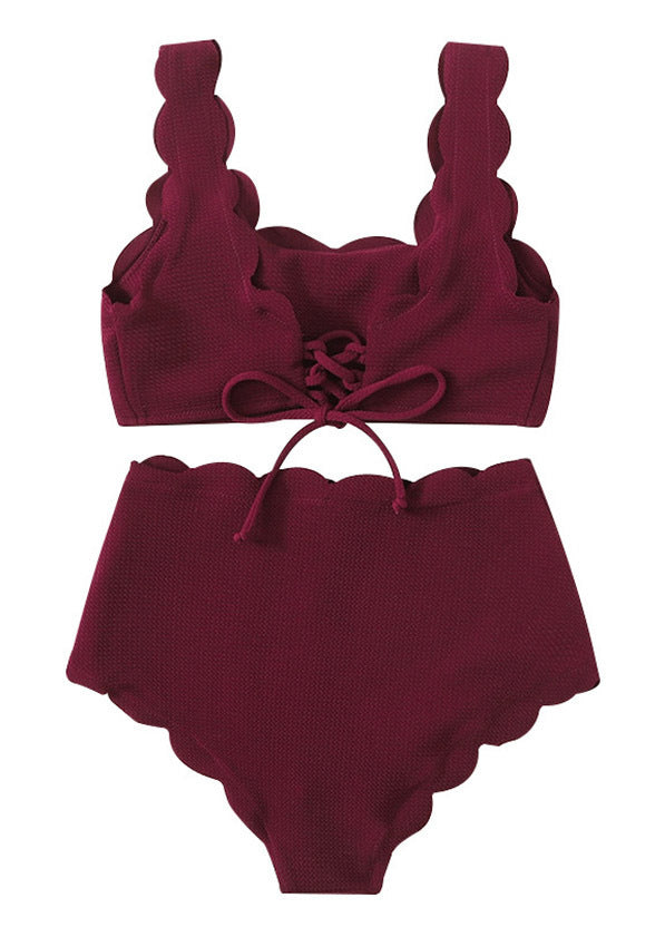 Women Adjustable Back Ribbed Scalloped High Waist Bikini Set (Ten Colors) | 2-4 Week TAT