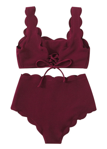 Women Adjustable Back Ribbed Scalloped High Waist Bikini Set (Ten Colors) | 2-4 Week TAT