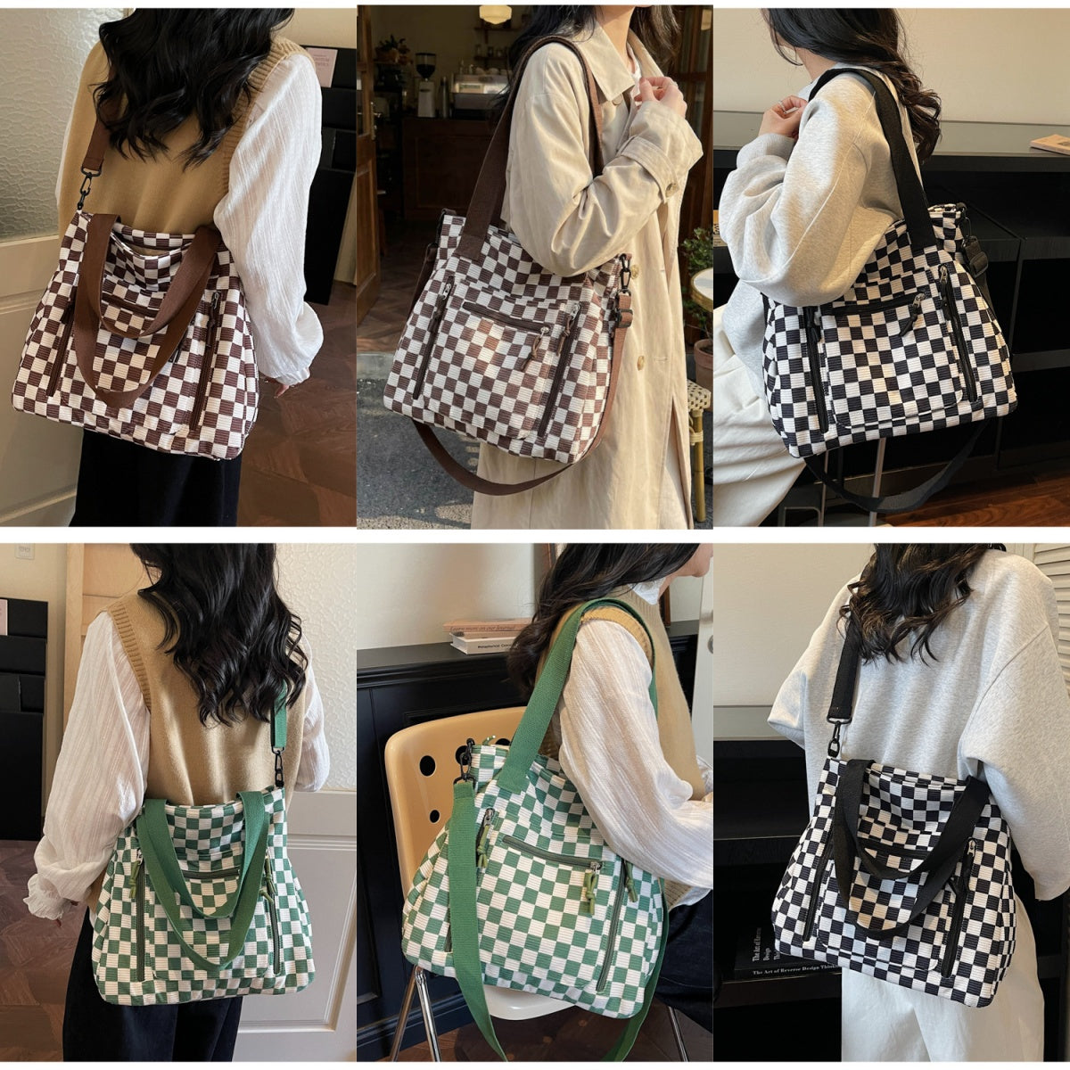 🖤 Checkered Large Capacity Tote Bag | Green, Black, Cream + Tan | 3-4 Week TAT