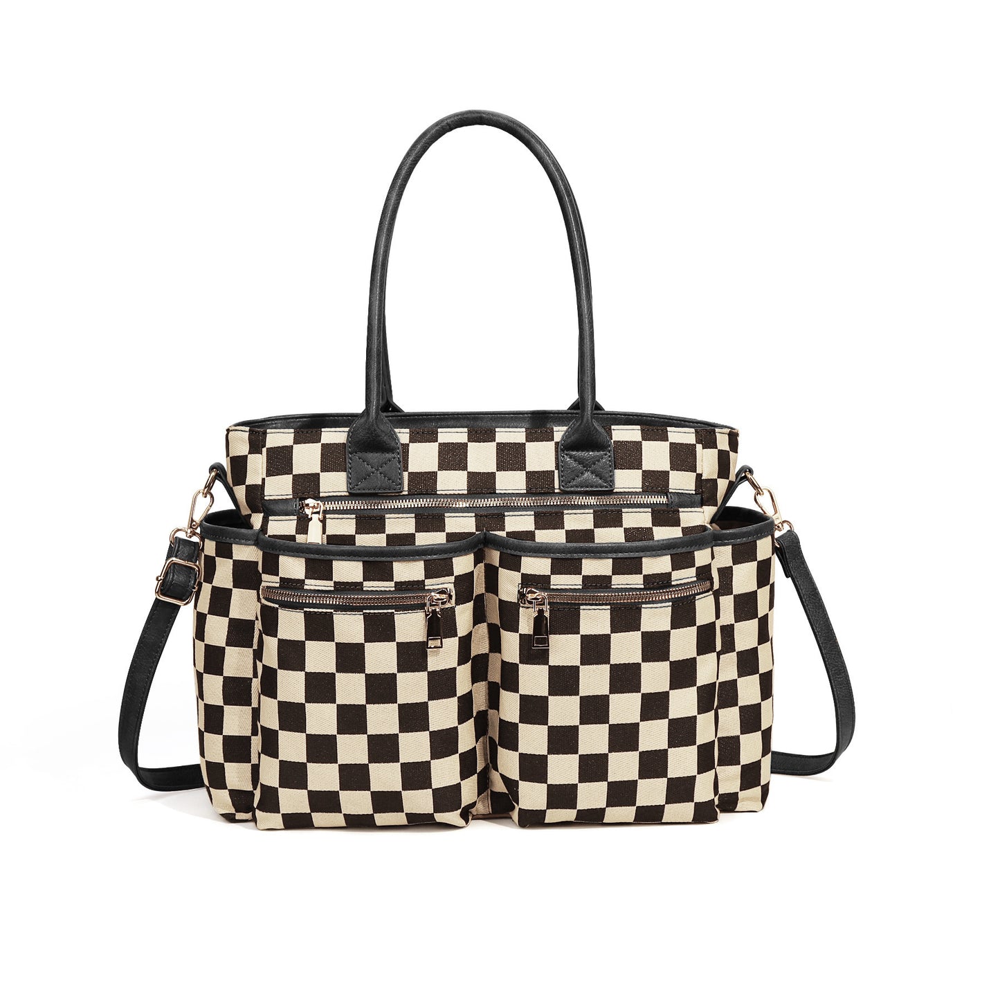 🖤🤍 Large Checkered Multi Pocket Tote Bag + Brown or Black Handle | 3-4 WEEK TAT
