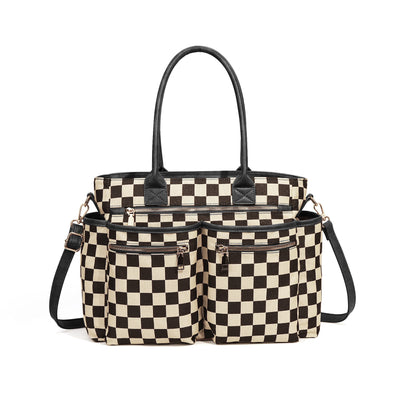 🖤🤍 Large Checkered Multi Pocket Tote Bag + Brown or Black Handle | 3-4 WEEK TAT