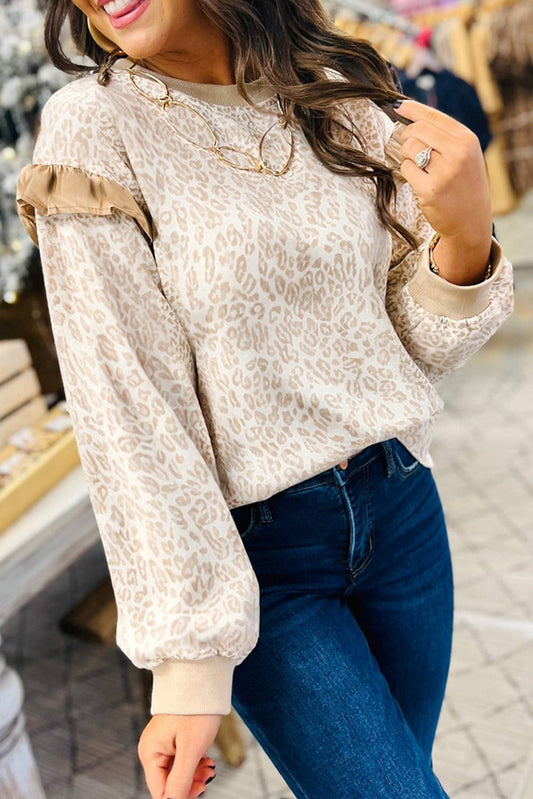 Leopard Ruffle Seam Long Sleeve Blouse| 2-4 Week TAT