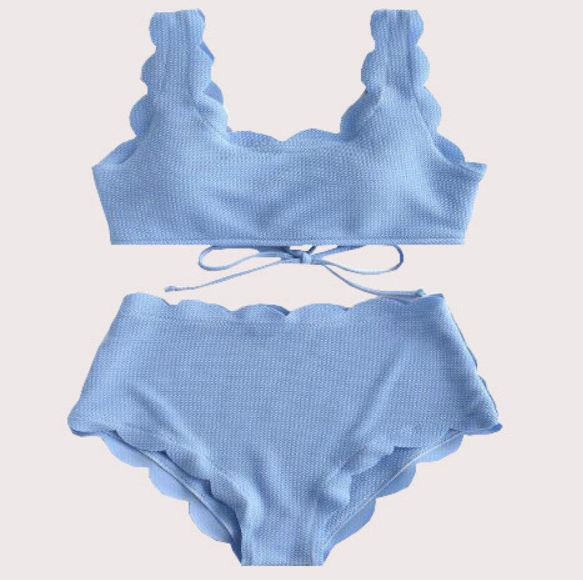 Women Adjustable Back Ribbed Scalloped High Waist Bikini Set (Ten Colors) | 2-4 Week TAT