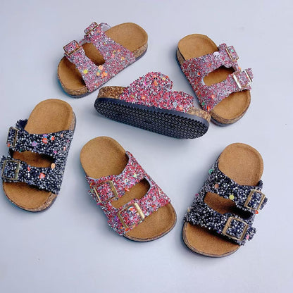 ✨ GIRLS’ GLITTER VELCRO CORK SOLE SANDALS ✨ SIZES 7/8C to 3/4Y | 3-4 WEEK TAT