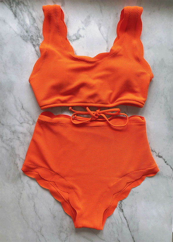 Women Adjustable Back Ribbed Scalloped High Waist Bikini Set (Ten Colors) | 2-4 Week TAT