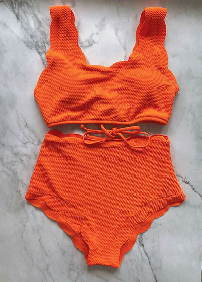 Women Adjustable Back Ribbed Scalloped High Waist Bikini Set (Ten Colors) | 2-4 Week TAT