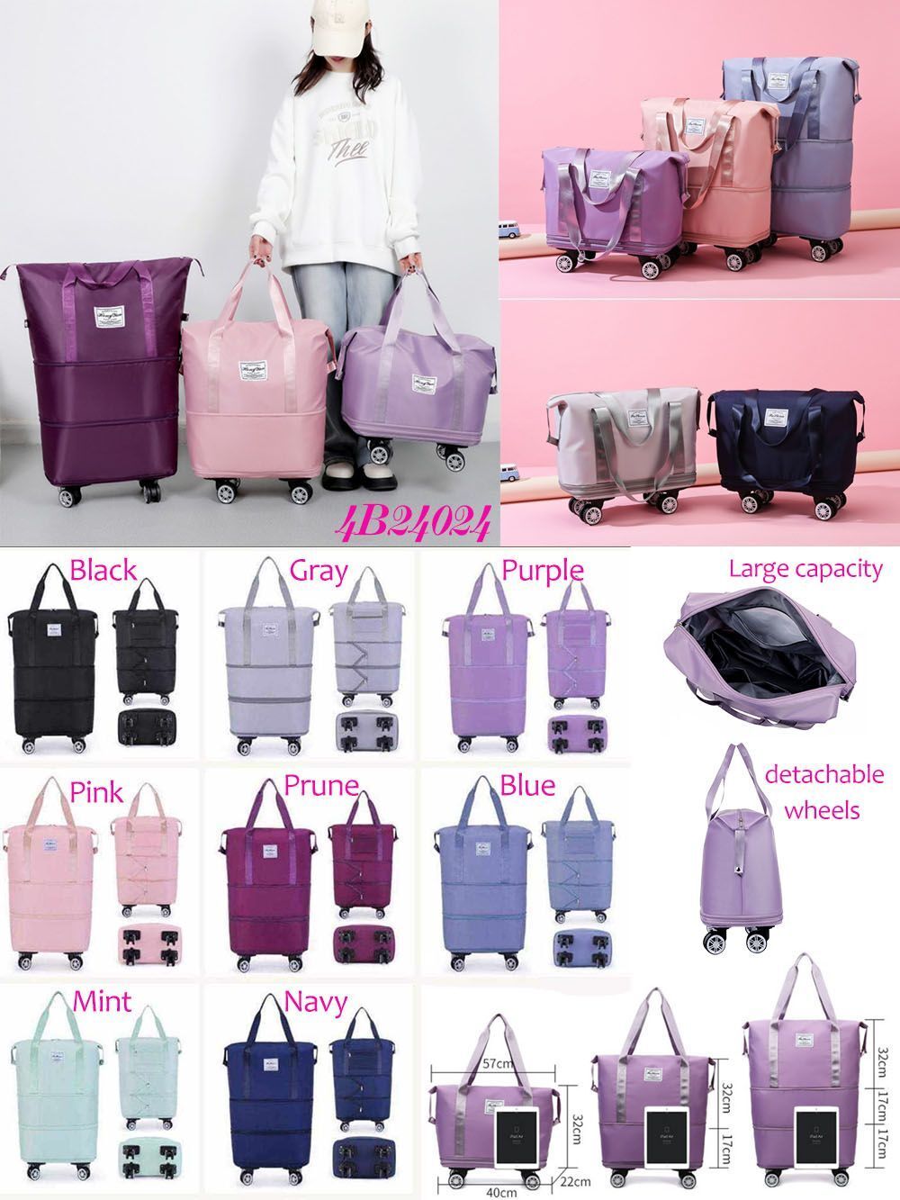 Expandable Large Capacity Rolling Duffel - 8 Color Options | 2-4 Week TAT