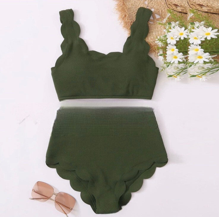 Women Adjustable Back Ribbed Scalloped High Waist Bikini Set (Ten Colors) | 2-4 Week TAT