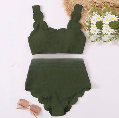 Women Adjustable Back Ribbed Scalloped High Waist Bikini Set (Ten Colors) | 2-4 Week TAT