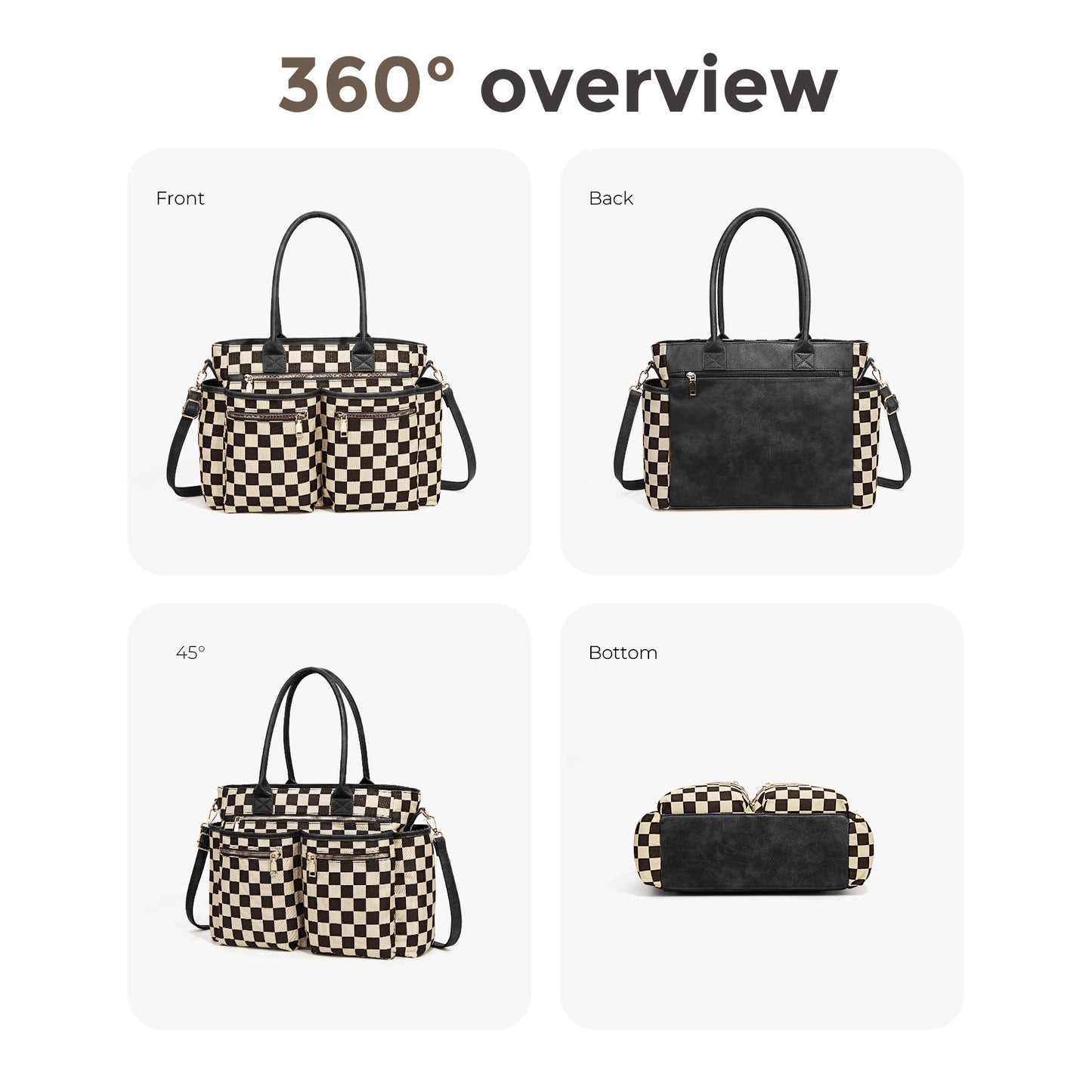 🖤🤍 Large Checkered Multi Pocket Tote Bag + Brown or Black Handle | 3-4 WEEK TAT