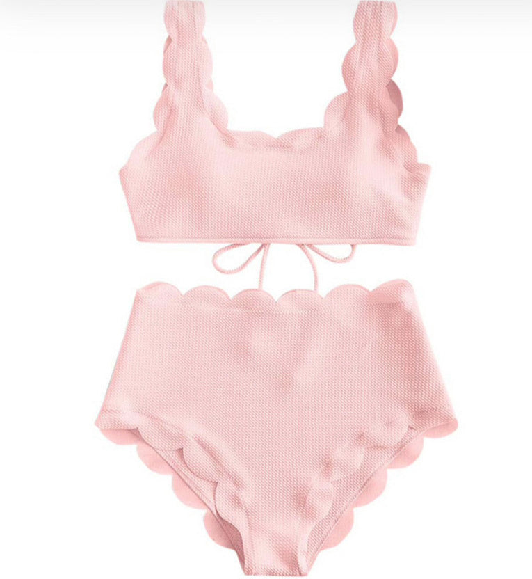 Women Adjustable Back Ribbed Scalloped High Waist Bikini Set (Ten Colors) | 2-4 Week TAT