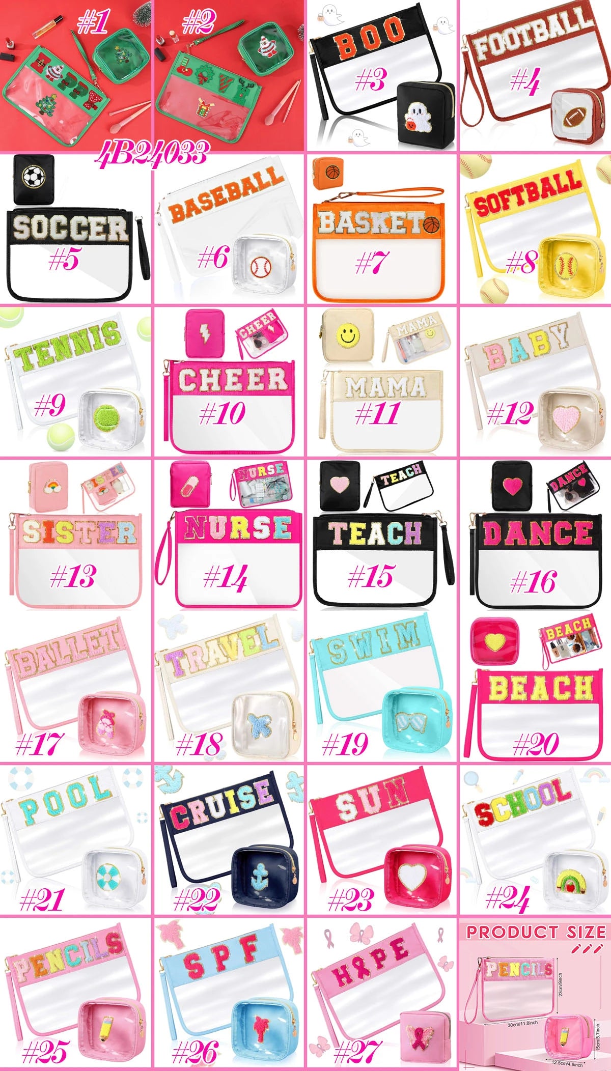 Chenille Glitter Letter Patch PVC Clear Wristlet Set – 27 Styles! | 2-4 Week TAT