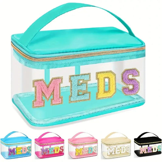 Clear Waterproof PVC Chenille "Meds" Travel Bag - 6 Color Options! | 2-4 Week TAT