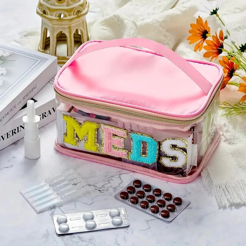 Clear Waterproof PVC Chenille "Meds" Travel Bag - 6 Color Options! | 2-4 Week TAT