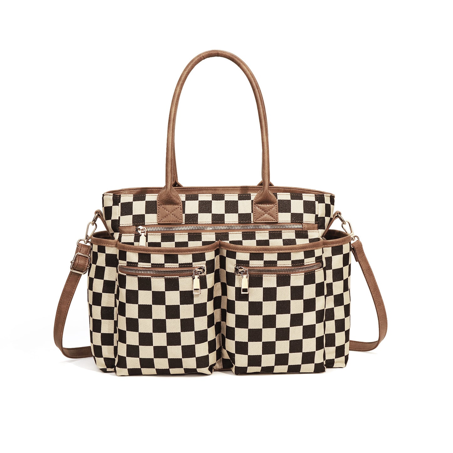 🖤🤍 Large Checkered Multi Pocket Tote Bag + Brown or Black Handle | 3-4 WEEK TAT