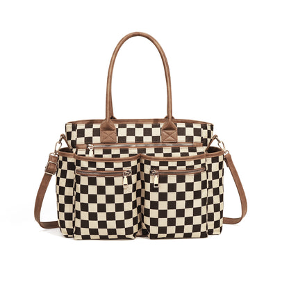 🖤🤍 Large Checkered Multi Pocket Tote Bag + Brown or Black Handle | 3-4 WEEK TAT