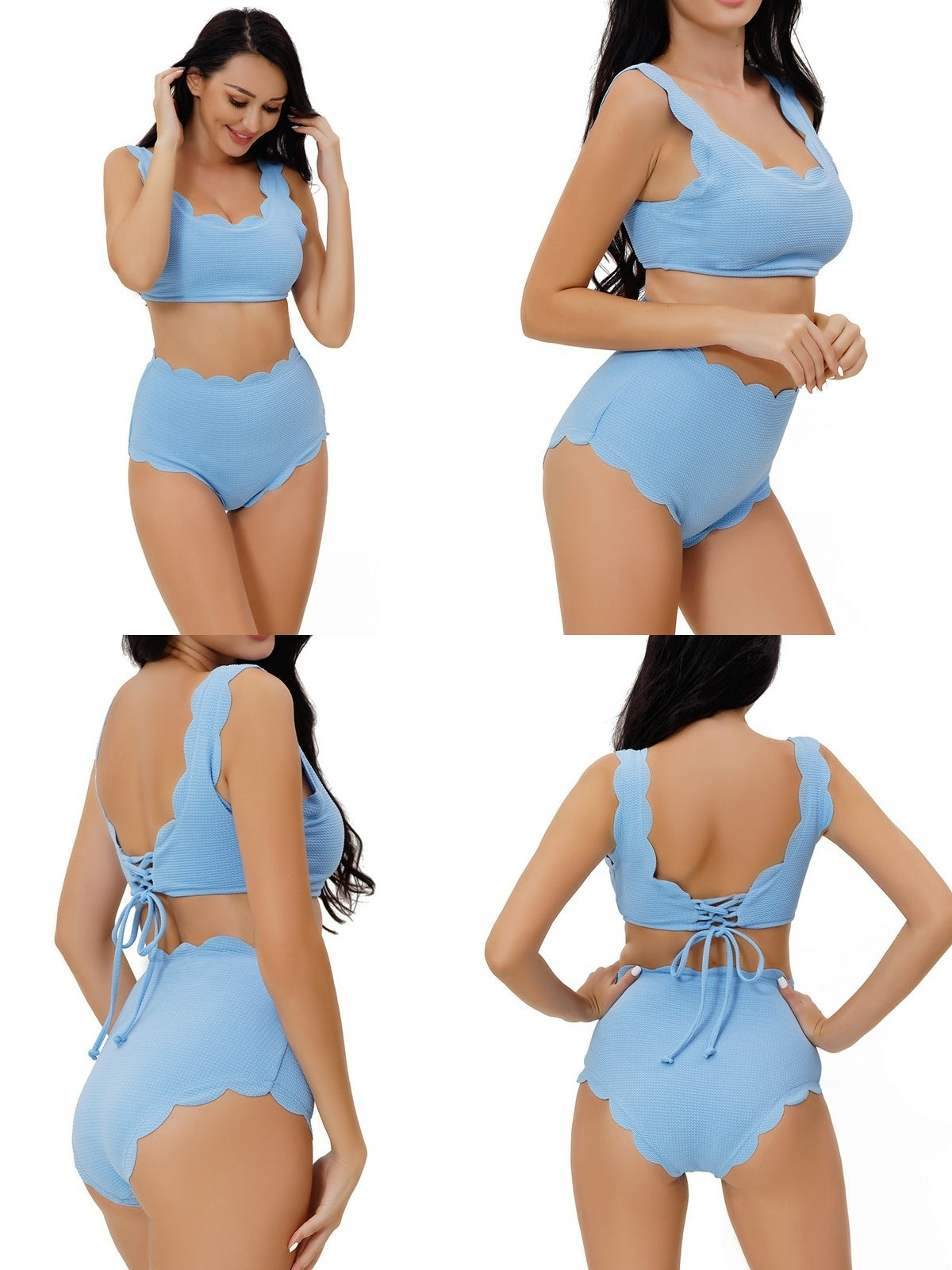 Women Adjustable Back Ribbed Scalloped High Waist Bikini Set (Ten Colors) | 2-4 Week TAT