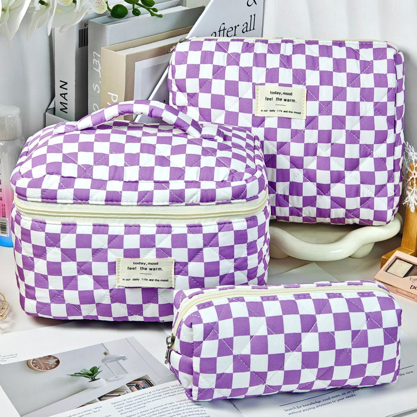 Checkered Quilted 3-Piece Bag Set - 7 Colors - "Today Mood, Feel The Warm" | 2-4 Week TAT