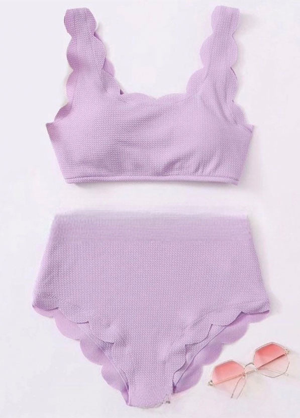 Women Adjustable Back Ribbed Scalloped High Waist Bikini Set (Ten Colors) | 2-4 Week TAT