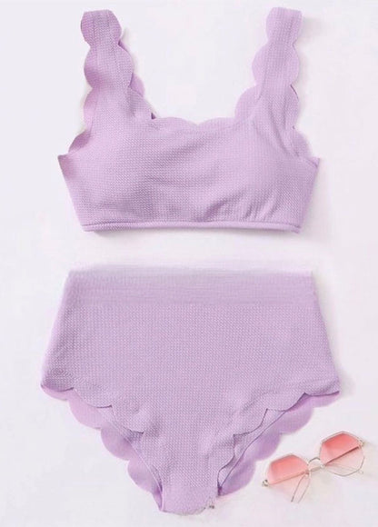Women Adjustable Back Ribbed Scalloped High Waist Bikini Set (Ten Colors) | 2-4 Week TAT