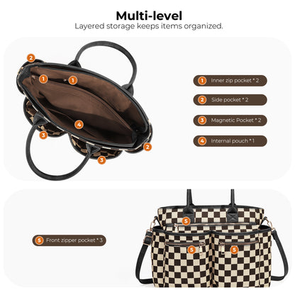 🖤🤍 Large Checkered Multi Pocket Tote Bag + Brown or Black Handle | 3-4 WEEK TAT
